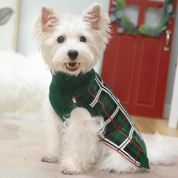 PUPTECK Dog Sweaters for Large Medium Small Dogs - Fall Classic Plaid Style Puppy Holiday Winter Coat Clothes Warm, Green, L
