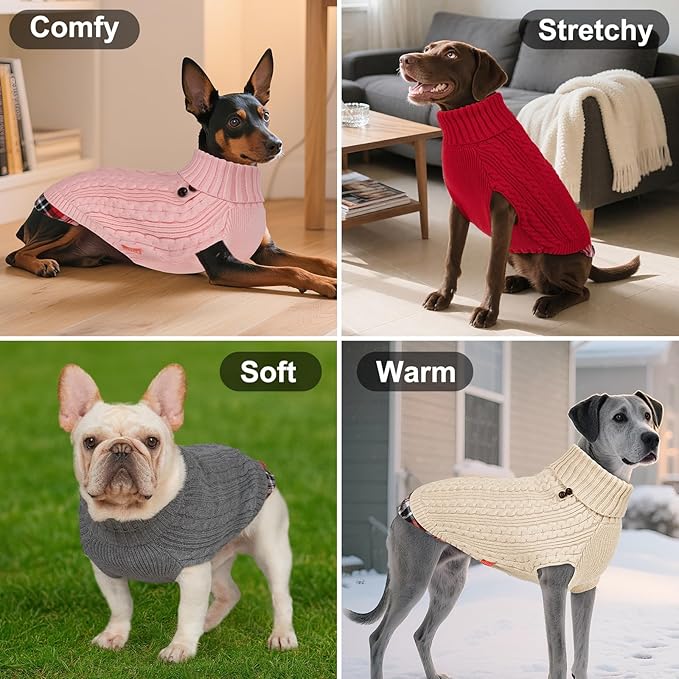 KYEESE Dog Sweater Soft Pullover Dog Sweaters for Medium Dogs Boy Warm Turtleneck Medium Dogs Sweater with Gingham Patchwork Comfy Pet Coat for Fall Winter Cold Weather