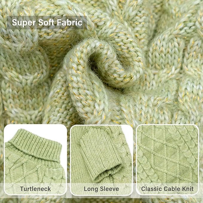 KYEESE Dog Sweater for Small Dog, Turtleneck Pet Coats Classic Cable Knit Warm Dogs Clothes Pet Knitwear Small Dogs Sweater with Long Sleeve for Cold Weather, Green, Medium