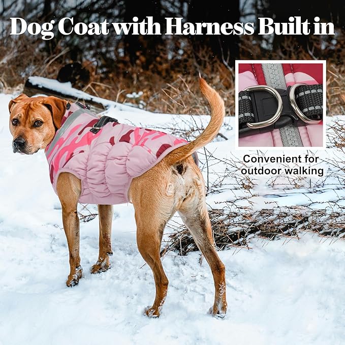 Lelepet Warm Dog Winter Coat Dog Coats for Medium Dogs Waterproof Dogs Jacket with Harness Built in Reflective Cold Weather Coats Windproof Zip-Up Winter Fleece Vest Snowsuit Dachshund Pink Camo