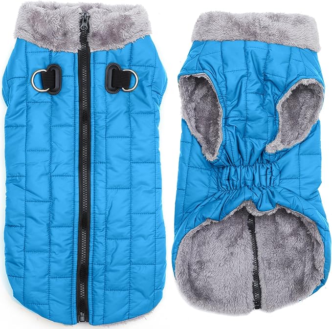 Warm Fleece Dog Coats with Durable Harness Buitl in D-Ring,Waterproof Doggie Jacket for Medium Dogs,Dog Vest for Cold Winter,Light Blue XL