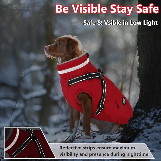 Dogcheer Dog Coat with Harness, Waterproof Dog Jacket, Christmas Puppy Winter Coat with Pocket, Reflective Doggy Turtleneck Puffer Vest for Small Medium Large Dogs - Red, L