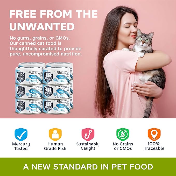 Pure Cravings Tuna Flakes in Tuna Consommé, Canned Wet Cat Food Soup, 100% Mercury-Tested, Moist Can Fish, Grain-Free Protein, Non-GMO, 3oz, Pack of 12