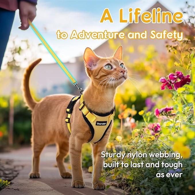 Dooradar Cat Harness and Leash Set, Escape Proof Safe Adjustable Kitten Vest Harnesses for Walking, Easy Control Soft Breathable Mesh Jacket with Reflective Strips for Cats, Yellow, S