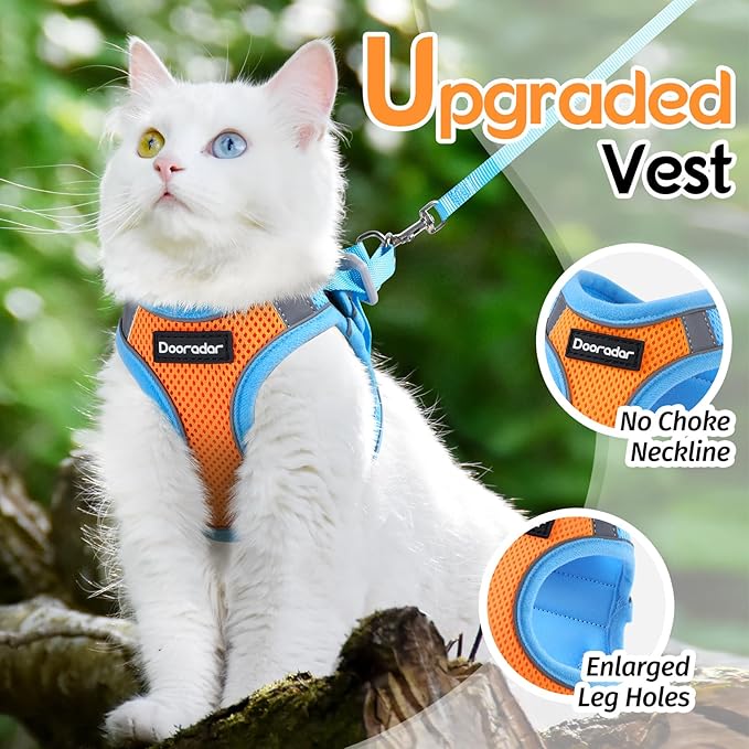 Dooradar Cat Harness and Leash Set, Escape Proof Lightweight Kitten Harness, Soft Breathable Reflective Vest for Outdoor Walking Traveling, Adjustable for Medium Cats, Orange & Blue, M