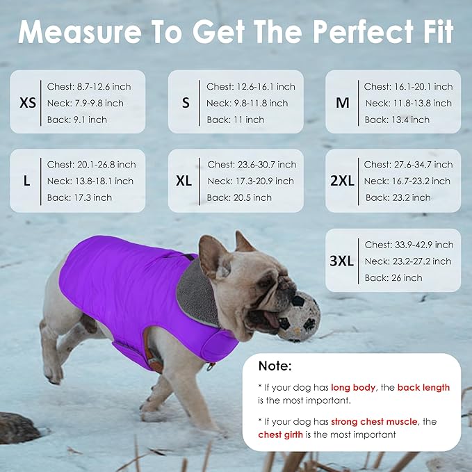 Dog Winter Coat, Waterproof Dog Jacket with Leash Hole, Reflective Adjustable Pet Snow Vest, Warm Fleece Sweater for Small Medium Large Dogs - Purple, L