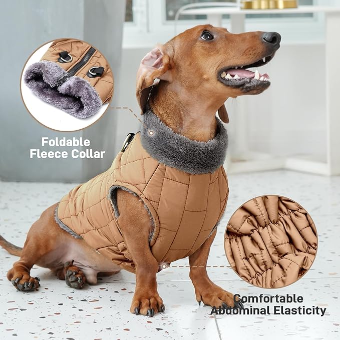 Warm Fleece Dog Coats with Durable Harness Buitl in D-Ring,Waterproof Doggie Jacket for Medium Dogs,Dog Vest for Cold Winter,Burnished Khaki XL