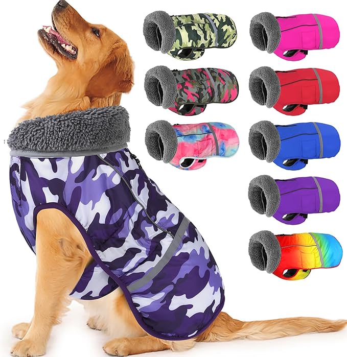 Dogcheer Warm Dog Coat, Waterproof Dog Jacket Christmas Puppy Winter Coat with Buckle, Reflective Adjustable Pet Snow Jacket Turtleneck Fleece Sweater for Small Medium Large Dogs - Camo Purple, S