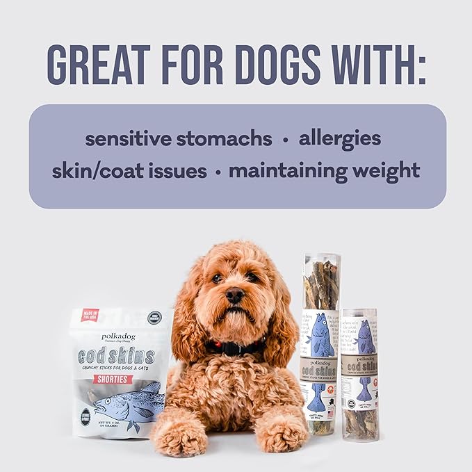 Polkadog Cod Skins for Dogs (2oz Shortie) - Single Ingredient, Wild-Caught Fish Skin Dog Treats for All Breeds – High in Lean Protein & Omega-3. Hypoallergenic, Grain Free. Handcrafted & Made in USA