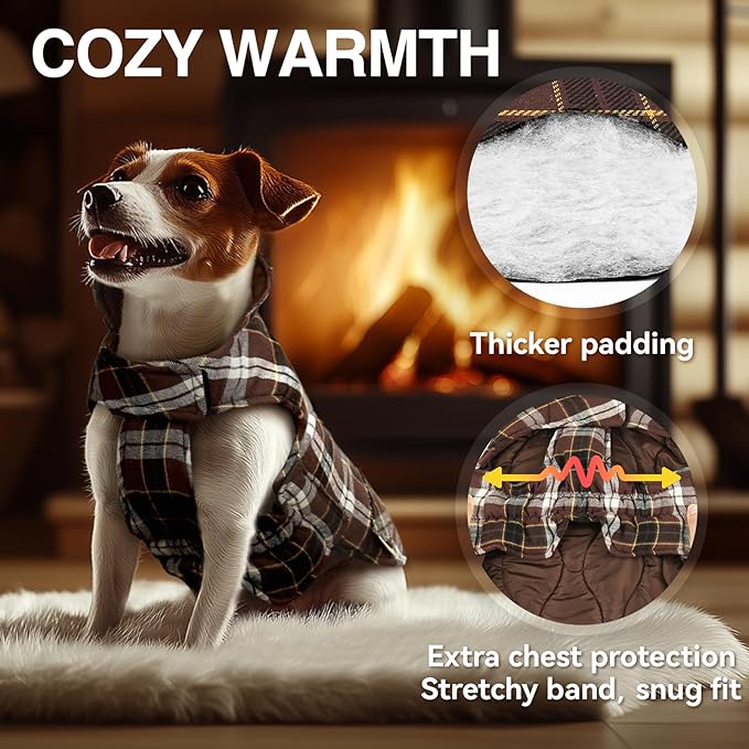 VIVAGLORY Softjoy Dog Coat, Dog Jacket for Winter & Christmas, Coat with Harness Hole & Velcro Closure, Reversible Plaid Checkered Warm Fluffy Heavy Duty for Puppy, XXS, Coffee