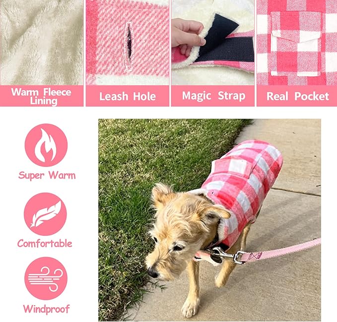 Malier Classic Plaid Fleece Dog Coat - Warm Winter Jacket with Pocket for Small to Large Dogs (Pink, XX-Large)