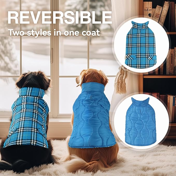 VIVAGLORY Softjoy Dog Coat, Dog Jacket for Winter & Christmas, Coat with Harness Hole & Velcro Closure, Reversible Plaid Checkered Warm Fluffy Heavy Duty for Puppy, XXS, Blue