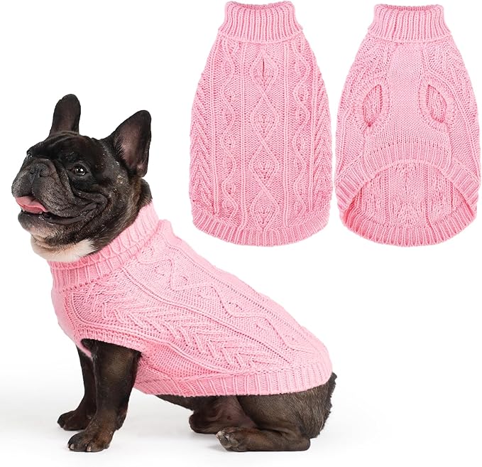 PUPTECK Dog Sweater, Turtleneck Warm Knitted Pullover Coat, Thick Cable Knitwear Clothes in Winter, Pet Apparel Outfits for Small Medium Dogs, for Cold Weather Indoor & Outdoor, Pink M