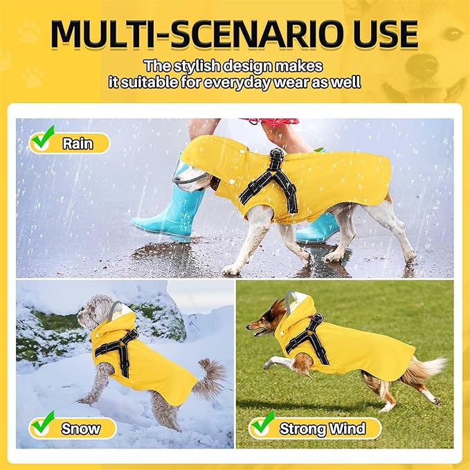SlowTon Dog Raincoat Waterproof - Dog Rain Jacket with Harness and Hood Lightweight, Reflective Dogs Rain Coat for Large Medium Small Dogs Girl Boy Puppy Poncho Pet Clothes (Yellow, 3XL)