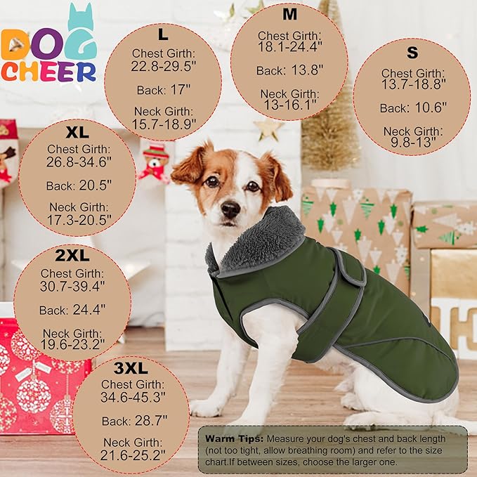 Dogcheer Dog Coat, Waterproof Dog Jacket Reflective Pet Winter Coat with Adjustable Hook & Loop, Christmas Puppy Fleece Jacket Warm Turtleneck Snowsuit for Small Medium Large Dogs - Green, XL