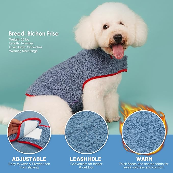 cyeollo Warm Dog Coat Sweater Reversible Dog Jacket Winter Fleece Sherpa Vest Pet Clothes Doggie Jackets for Cold Weather Puppy Cat Apparel Coats for Small Dogs, Blue M