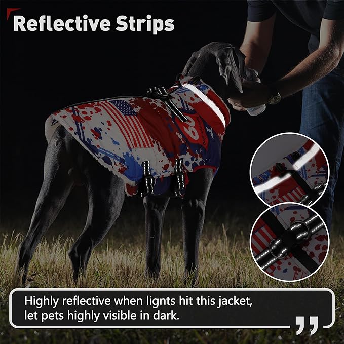 Dogcheer Dog Winter Coat, American Flag Dog Jacket with Harness, Adjustable Puppy Coat with Zipper, Waterproof Pet Fleece Jacket Snowsuit for Small Medium Large Dogs - US Flag 3XL