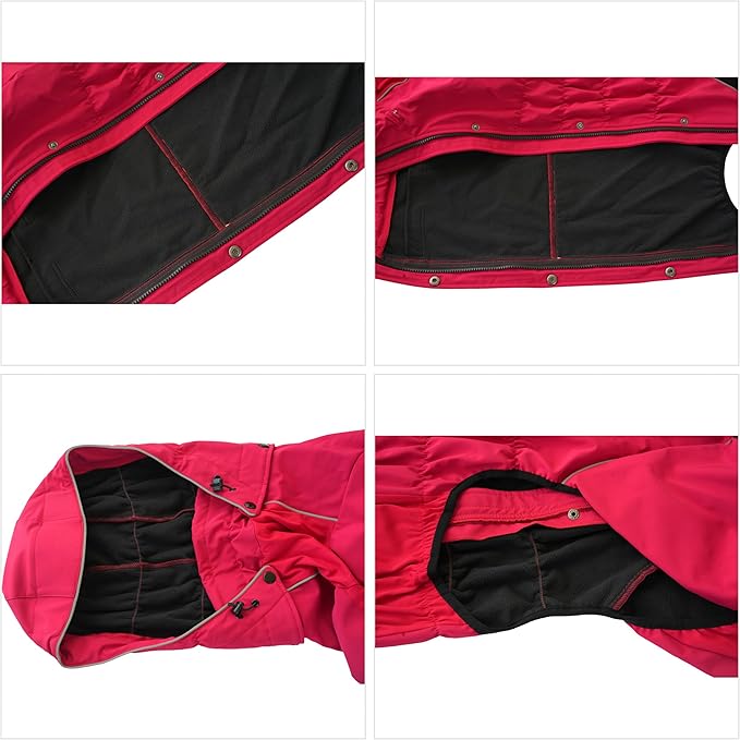 LOVELONGLONG Fleece-Lined Dog Raincoat with Removable Hood – Waterproof Winter Full Body Dog Jacket – Windproof Snowproof Cold-Weather Suit – Red-F 3XL