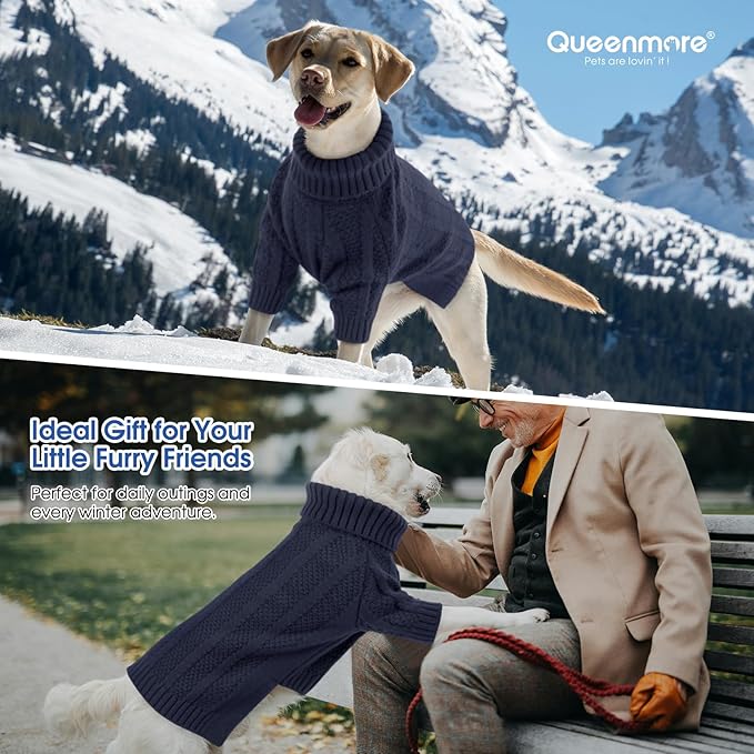 Queenmore Dog Sweater, Large Dogs Sweater Xmas,Turtleneck Pullover Dogs Sweaters for Dog Girls Boys,Sweaters Doggy Large,Thanksgiving Knitted DogSweater for French Bulldog(Dark Navy,L)
