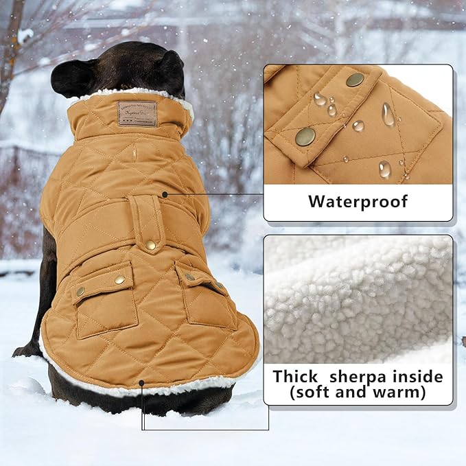 KYEESE Dog Coat Windproof Dog Coats for Small Dogs Waterproof Dogs Jacket with Fleece Lined Warm Pet Winter Puffer Coat with Leash Hole Thick Cat Clothes with Pocket Soft Pet Sweater for Cold Weather