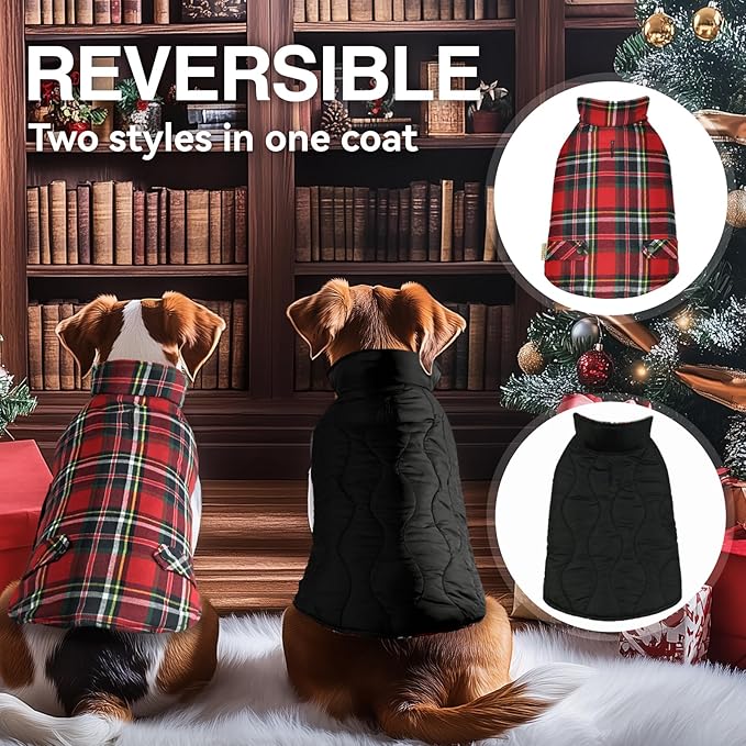 VIVAGLORY Softjoy Dog Coat, Dog Jacket for Winter & Christmas, Coat with Harness Hole & Velcro Closure, Reversible Plaid Checkered Warm Fluffy Heavy Duty for Puppy, XXS, Red