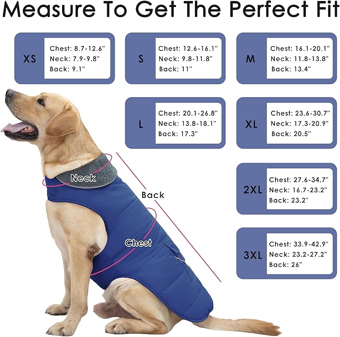 Dog Coat, Waterproof Dog Winter Jacket with Pocket, Reflective Adjustable Pet Snow Vest, Warm Cozy Fleece Sweater for Small Medium Extra Large Dogs - Blue, 2XL