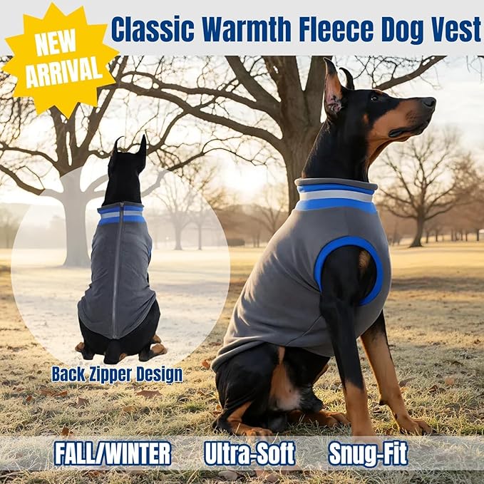 Winter Warm Classic Turtleneck Vest Fleece Dog Clothes, Lightweight Coat for Extra Large Dogs with Back-Zipper, Thermal Doggie Vests Coats with Reflective Strips for Mastiff, Saint Bernard (Grey, 3XL)