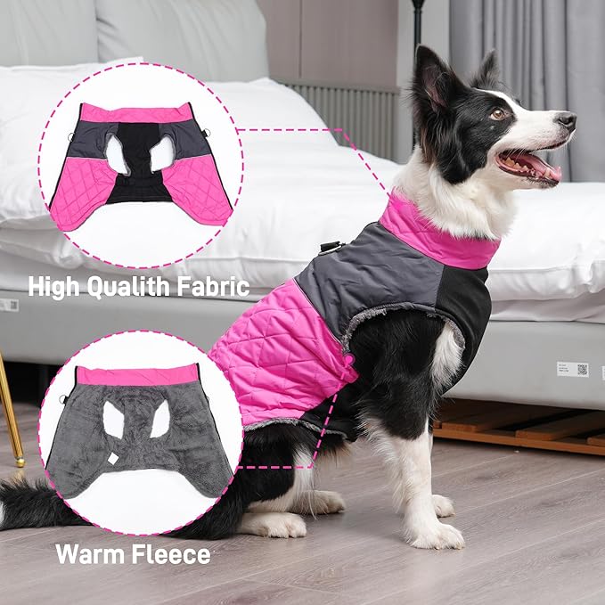 Warm Fleece Dog Coats for Large Dogs,D-Rings Waterproof Puppy Jacket for Cold Winter,Pink XXXL