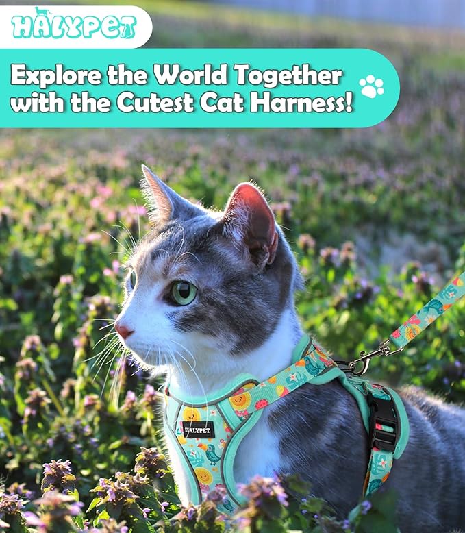 Halypet Cat Harness and Leash Set[MAX Safety 4th-Gen] Cute Escape Proof Vest Harness for Girl&Boy Cat Walking, Comfortable Adjustable Leash and Reflective Strips for Outdoor Kitten, S Green Tropics