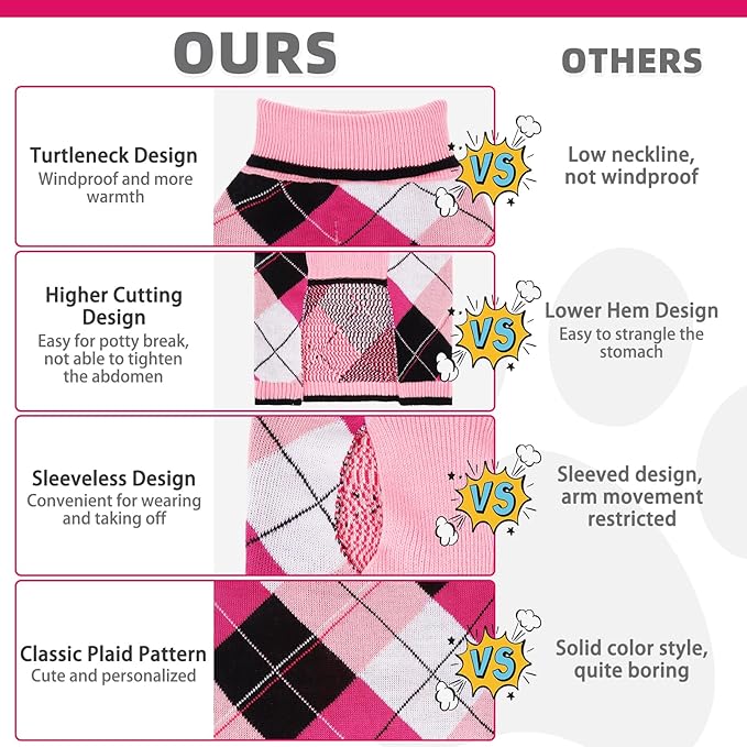 KOOLTAIL Dog Sweater for Small Dogs, Puppy Knitted Clothes - Classic Plaid Pullover Turtleneck Thick Warm Fall Cat Sweaters with Leash Hole, Dog Winter Clothes for Chihuahua Dachshund Girls Boys, XS