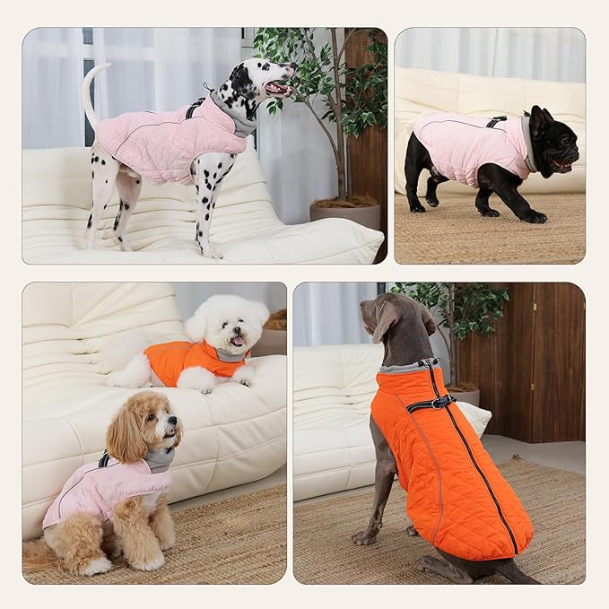 Dog Coat with Harness Built in -Pink,XL- Fleece Lined Dog Snow Jacket Snowsuit，Adjustable Reflective Winter Warm Cold Weather Coat