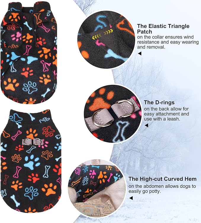 BEAUTYZOO Small Dog Sweater Fleece Vest Winter Jacket, D-Ring Leash Attachment for XS S Puppy Medium Sized Breeds Dogs, Cold Weather Dog Clothes Windproof Keep Warm, Bones Paw Pattern S