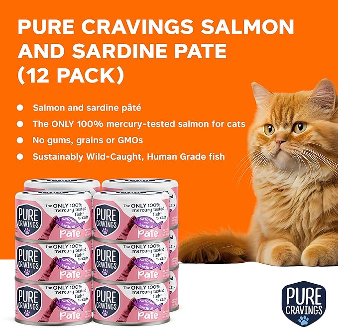 Pure Cravings Salmon and Sardine Pate, Canned Wet Cat Food, 100% Mercury-Tested, Moist Can Fish, Grain-Free Protein, Non-GMO, 12 Pack