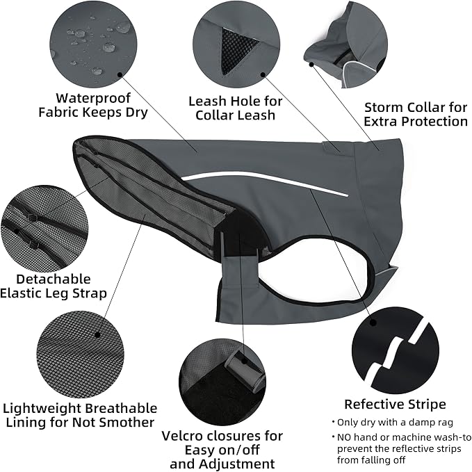 Mile High Life Dog Raincoat, Adjustable Waterproof Reflective Rain Jacket for Small Medium Large Dogs, Lightweight Breathable Pet Rain Coat with Leash Hole(Dark Gray,M Chest 26-32")