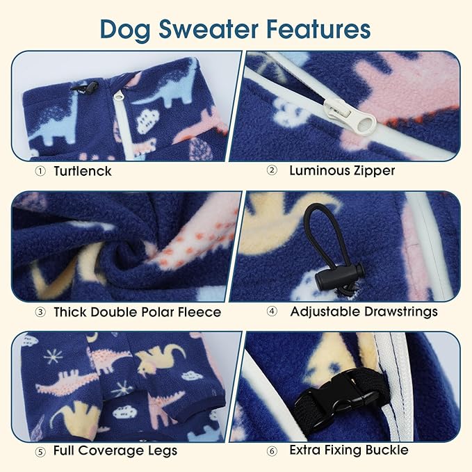 ROZKITCH Extra Warm Dog Coat, Pet Windproof Warm Cold Weather Jacket Vest with Reflective Zipper, Jumpsuit Apparel Outfit Clothes for Small Dog Dinosaur 2XS