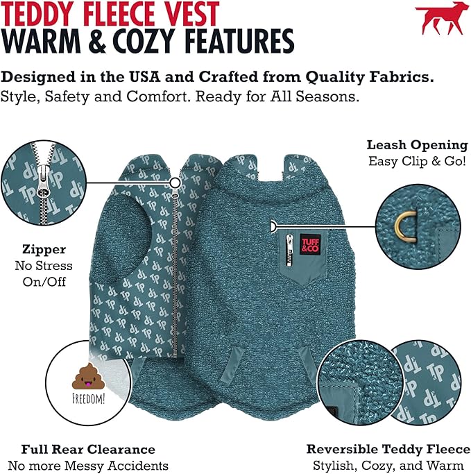 Tuff Pupper Reversible Fleece Sweater Vest for Dogs | Lightweight Comfortable Insulated Jacket | Front Zip Closure | Machine Washable | Built-in Leash Hole | Sizes for All Breeds (Medium, Teal)