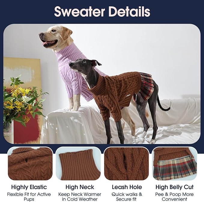 IECOii XL Dog Sweater Dress for Large Dogs Girl, Cable Knit Winter Dress for Female Dogs, Caramel,XLarge, Soft Girl Dog Sweater with Tartan Plaid Skirt Cute Turtleneck Knitwear for Cold Weather
