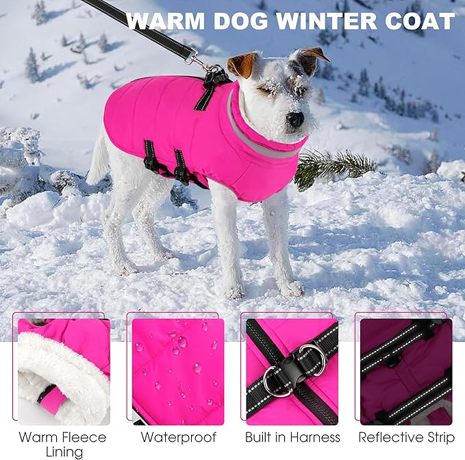 Small Dog Coat with Harness Built-in, Waterproof Reflective Fleece Lined - Warm Windproof Winter Jacket with Back Zipper, Cold Weather Snow Dog Coats - Pink - XS