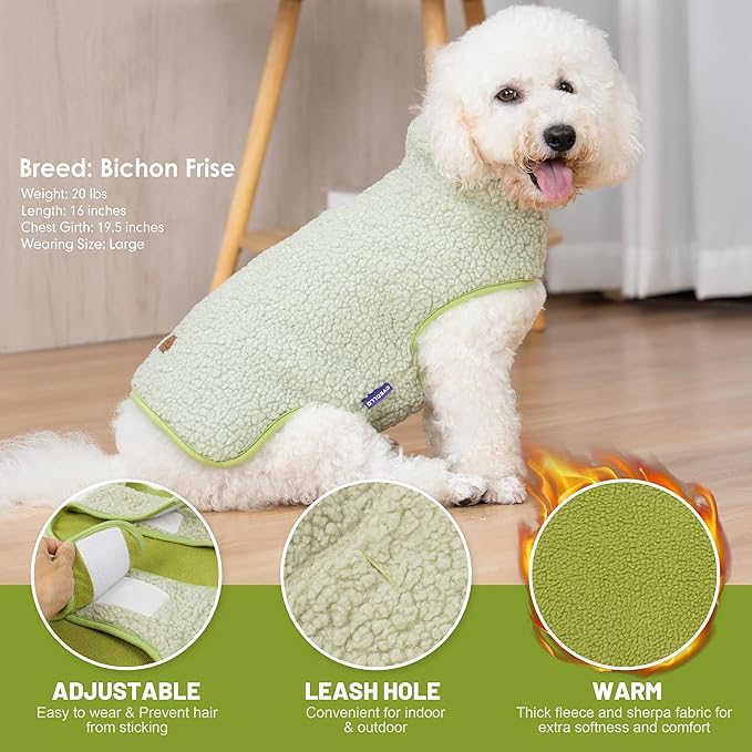 cyeollo Warm Dog Coat Fleece Sherpa Winter Sweater Coats, Turtleneck Dog Jacket Vest for Small Medium Large Dogs with Leash Hole, Soft Reversible Pet Coats for Cold Weather, Green, L