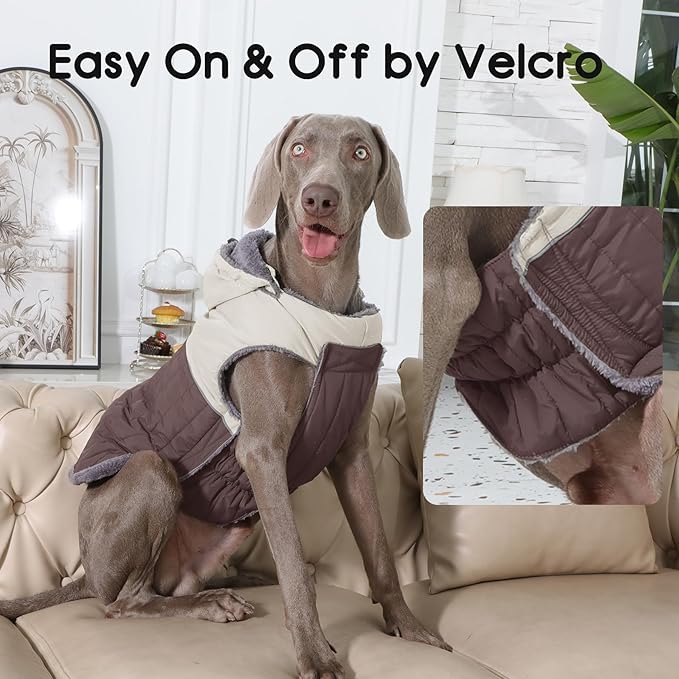 Detachable Hooded Dog Coat with Harness for Large Dogs,Super Warm Fleece Puppy Jacket for Cold Winter Doggie Coats,Brown XXXL