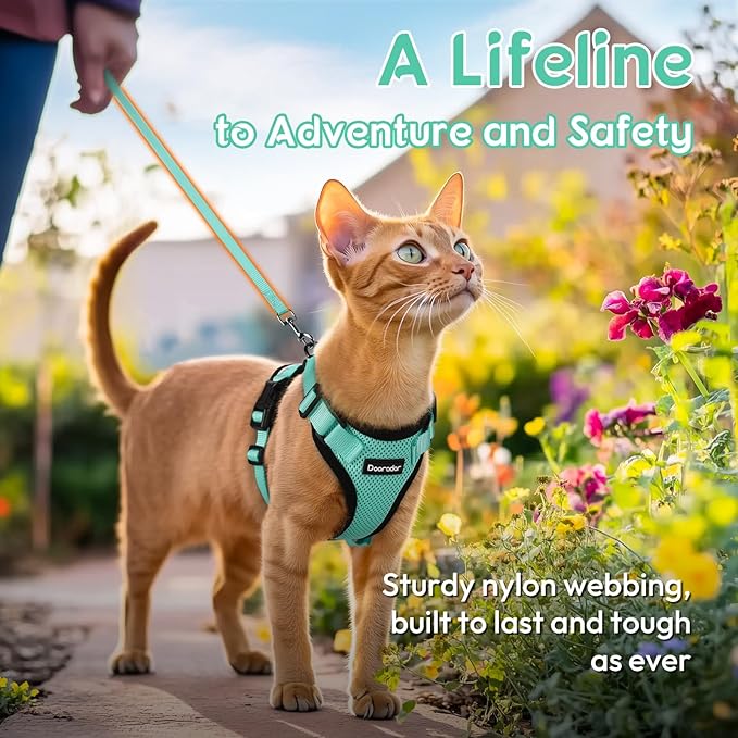 Dooradar Cat Harness and Leash Set, Escape Proof Safe Adjustable Kitten Vest Harnesses for Walking, Easy Control Soft Breathable Mesh Jacket with Reflective Strips for Cats, Green, XS