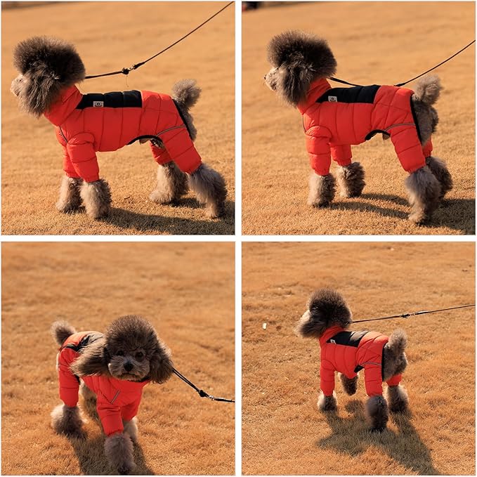 Warm Dog Coat, 4 Legs Covered Waterproof Windproof Reflective Vest, Zippered Adjustable Outdoor Snow Jacket for Small Medium Large Dogs, Orange M