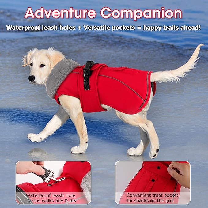Dogcheer Dog Coat with Pocket, Waterproof Dog Jacket with Adjustable Buckle, Reflective Puppy Winter Coat Warm Turtleneck Fleece SnowJacket for Small Medium Large Dogs - Red L