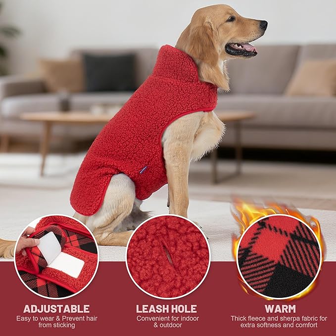 cyeollo 2XL Dog Coat, Sherpa Winter Dogs Sweater Warm Fleece Doggie Coats Turtleneck Reversible Jackets for Small Medium Large Dogs with Leash Hole, Soft Cold Weather Vest, Buffalo Plaid XXL
