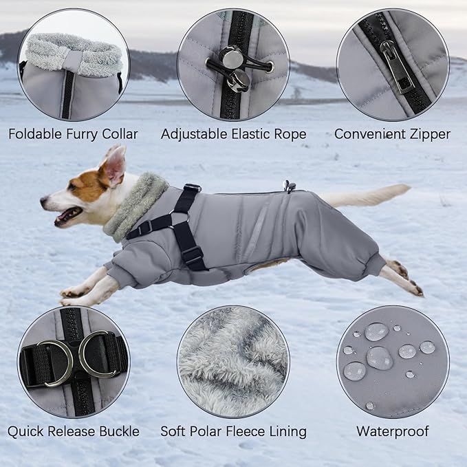 BRKURLEG Grey Dog Winter Coat, Cozy Winter Dog Jackets, Small Dogs Coat with Harness, Onesie Body Warm Puppy Jacket, Pet Reflective Windproof Cold Weather Jackets, Puppy Four-Legged Puffer Coats, L