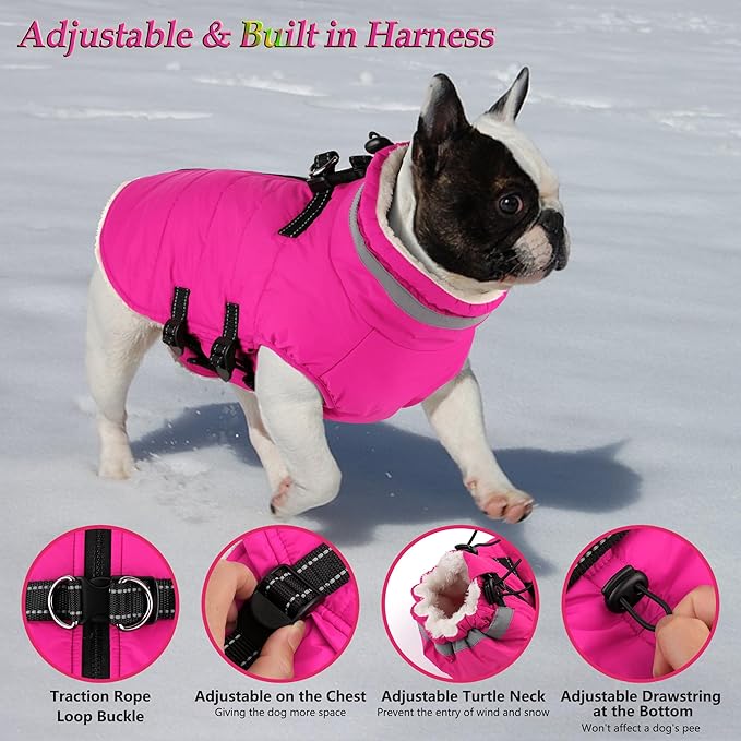 Dogcheer Dog Coat, Waterproof Dog Jacket with Harness, Reflective Adjustable Puppy Winter Coat with Zipper, Christmas Pet Snow Jacket Clothes for Small Medium Large Dogs - Pink M