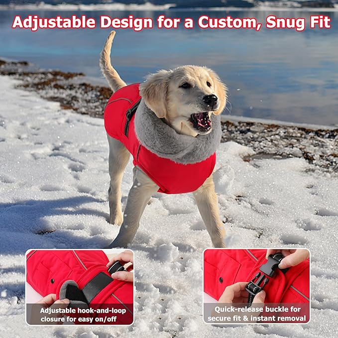 Dogcheer Dog Coat with Pocket, Waterproof Dog Jacket with Adjustable Buckle, Reflective Puppy Winter Coat Warm Turtleneck Fleece SnowJacket for Small Medium Large Dogs - Red L