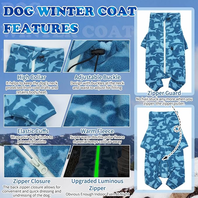 ROZKITCH Dog Thermals Winter Coat Soft Fleece Pullover Pajamas, Pet Windproof Warm Cold Weather Jacket Vest with Luminous Zipper, Jumpsuit Apparel Outfit Clothes for Small Dog Shark 2XS