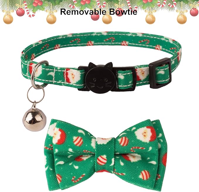 ADOGGYGO Christmas Cat Collar Breakaway with Bowtie Bell - 2 Pack Santa Snowflake Xmas Kitten Collar with Removable Bowtie Christmas Bow tie Collar for Kitten Cat