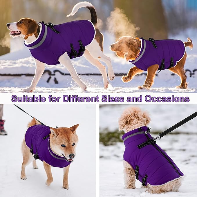 Dogcheer Dog Coat with Harness, Waterproof Dog Jacket Adjustable Pet Winter Coat with Zipper, Christmas Puppy Snow Jacket Fleece Sweater for Small Medium Large Dogs - Purple M